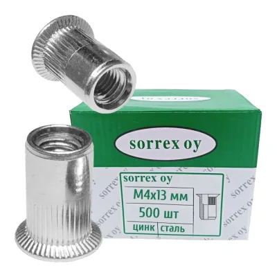 Заклепка гайка резьбовая SORREX винтовая (удлиненная) потайной бортик с рифлением М4x13 под зенковку, 500 штук CZW-W M4L 500