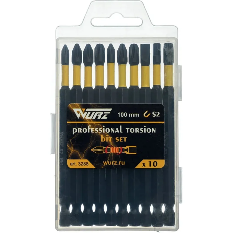 Набор торсионных магнитных бит WURZ 100мм, PH1,PH2(2),PH3,PZ1,PZ2,PZ3,T30,SL5.5,H4, 10шт/бокс 3288