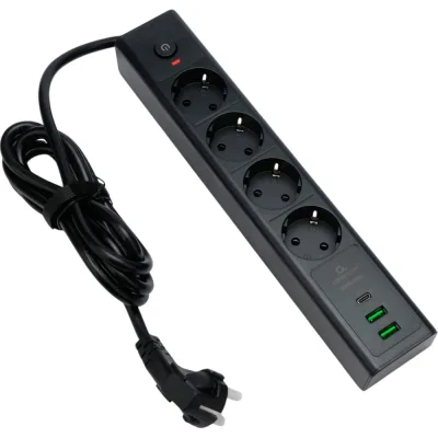 Сетевой фильтр Cablexpert Exnovo 4р, 16А, 1xType-C PD, 30Вт, 2хUSB, 2м, ур.защиты 4+, черный,кор, EXN-4-CU2-B-2