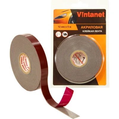 Клейкая двусторонняя акриловая лента Vintanet VN8049, цвет серый, 12 мм х 5 м VN8049125