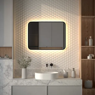 Зеркало с окантовкой и LED-подсветкой DEFESTO 25W, 80x60 см, ИК - выключатель, Теплый белый свет AURA DF 2977RH