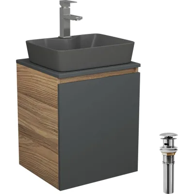 Тумба Bauedge Bau Dream Blackwood 50 графит, раковина BAU Cerama 48х37 темно-серая матовая, смеситель Hotel Still, нерж. сталь, выпуск клик-клак, хром SD4187