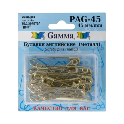 Английские булавки Gamma PAG-45 под золото, сталь, в блистере, 25 шт, 45 мм, 384796